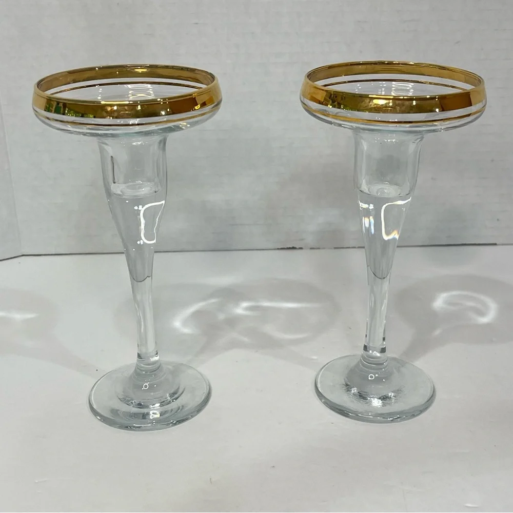 Gold Rimmed Crystal Stemmed Candlestick Holders 6.75” Formal Elegant VTG 2 Set